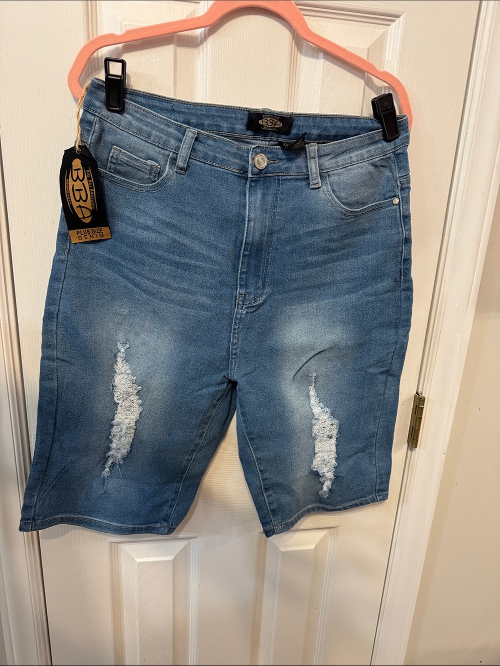 Plus Size Women’s Distressed Denim Bermuda Shorts - Light Blue